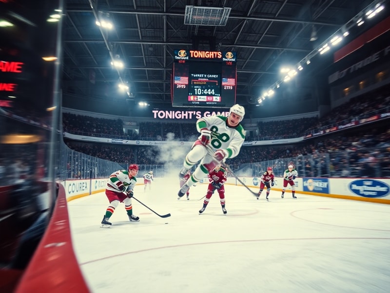 A vibrant NHL arena filled with fans, players in action on the ice, and the glow of the scoreboard. The scene captures the en