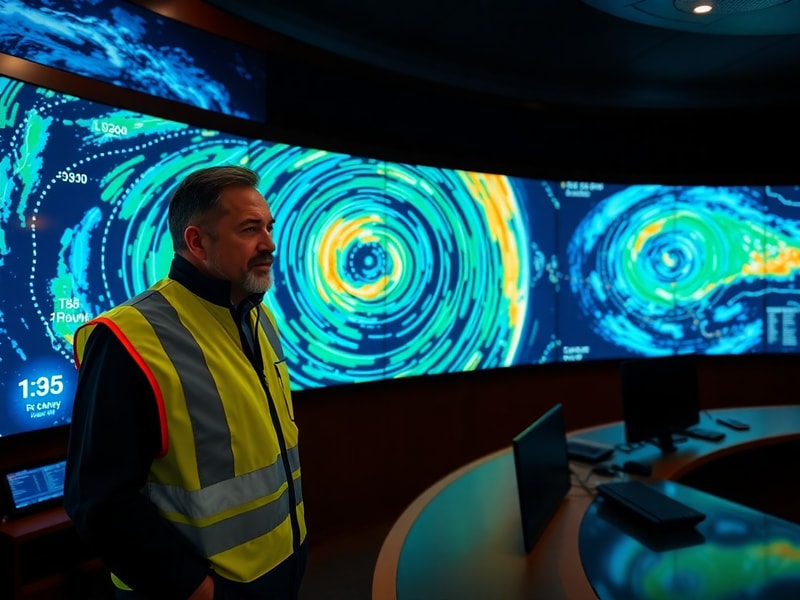 A high-tech weather radar dish scanning a stormy sky, with colorful radar imagery displayed on a nearby monitor. The scene ca