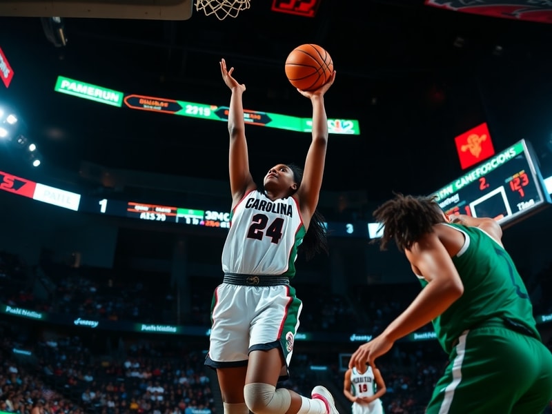 A dynamic action shot of Aliyah Boston in a South Carolina Gamecocks uniform, mid-game with intense focus, surrounded by team