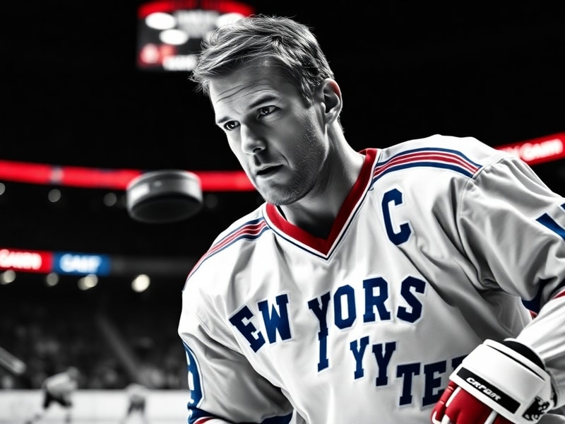 A dynamic action shot of Mark Messier in a New York Rangers jersey mid-game, gripping his stick with intensity, surrounded by