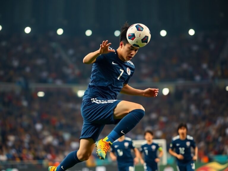 A dynamic action shot of Cho Gue-sung in FC Midtjylland's kit, mid-dribble with a focused expression, playing in a European s