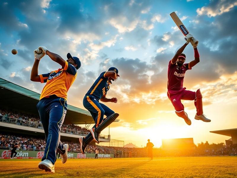 A vibrant cricket stadium packed with spectators, featuring players from Sri Lanka and West Indies shaking hands at the cente