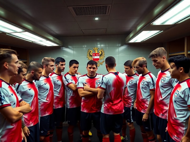 A dynamic action shot of the Czechia World Cup team celebrating on the field, with players in their red and white jerseys, a