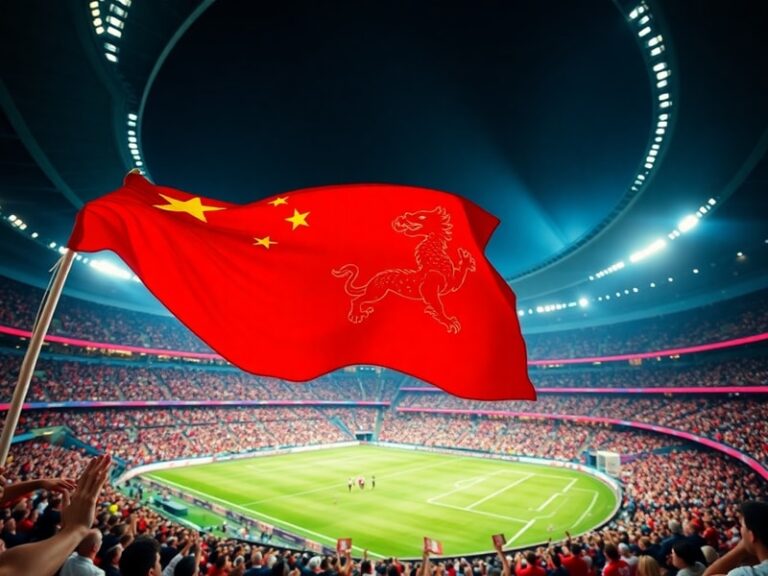 A dynamic image of the Chinese national football team celebrating on a stadium pitch, wearing red jerseys, with a blurred cro