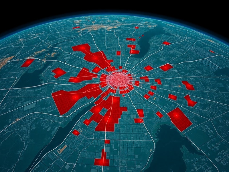 A split-screen image showing a smartphone displaying the DTE Outage Map alongside a suburban neighborhood with downed power l
