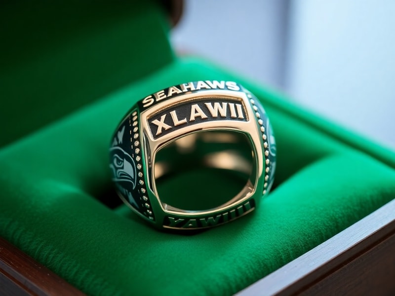 A close-up shot of the Seattle Seahawks' Super Bowl XLVIII championship ring, highlighting its intricate wave motif, team log