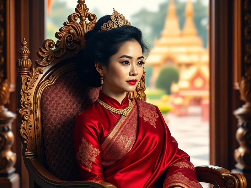 A formal portrait of Princess Bajrakitiyabha in traditional Thai royal attire, standing in a palace setting with soft natural
