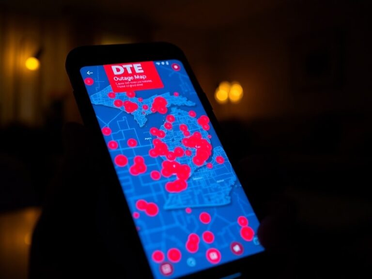 A digital illustration showing a glowing, interactive DTE outage map on a smartphone screen, overlaid on a cityscape with sto