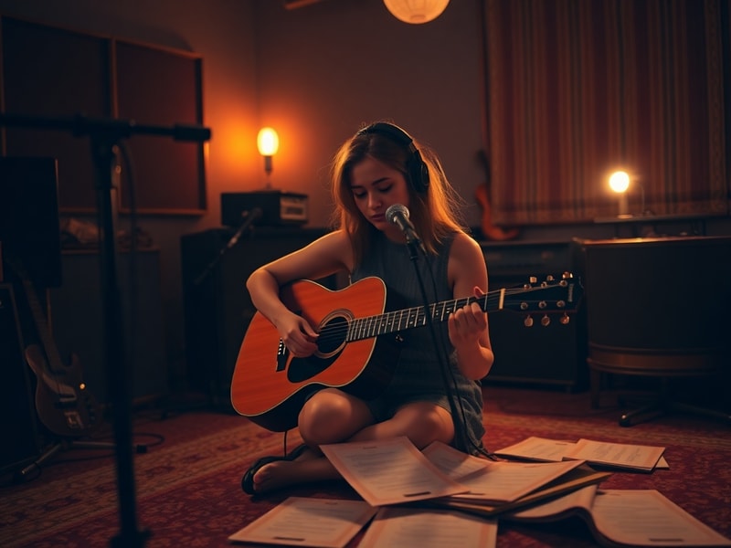 A moody, atmospheric shot of Olivia Rodrigo in a dimly lit recording studio, surrounded by vintage microphones and analog equ