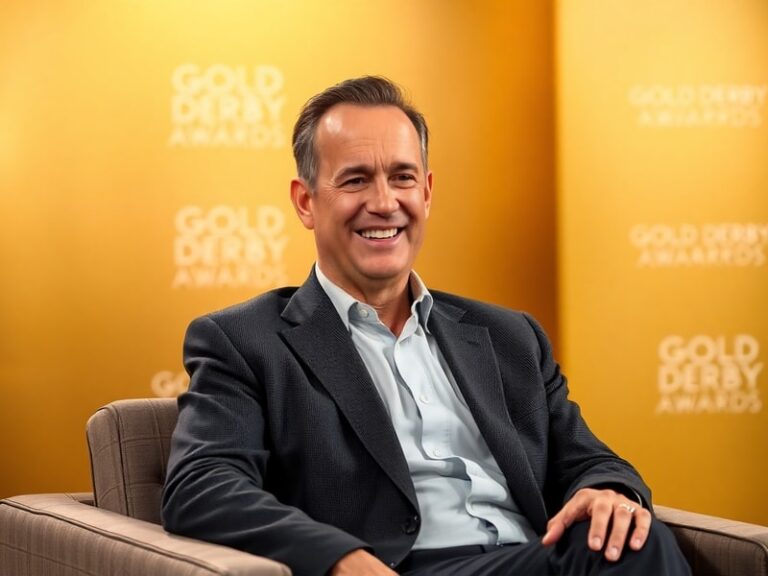 A warm, well-lit portrait of Tom Hanks speaking thoughtfully during his Gold Derby interview, dressed in a casual yet polishe