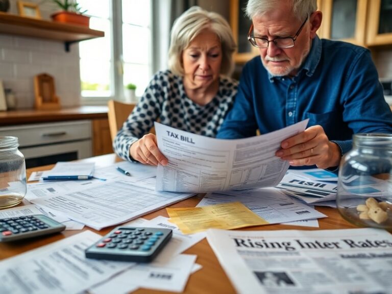 A close-up of a person reviewing bank statements and tax documents at a kitchen table, with a calculator and savings passbook