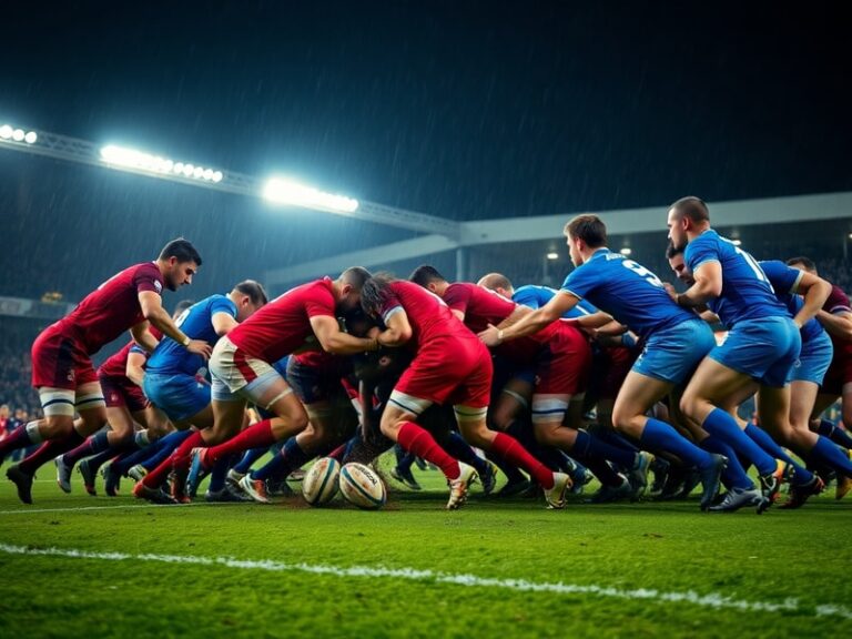 A dynamic action shot of a Super Rugby match with players in mid-tackle, set against a sunset backdrop with stadium lights il