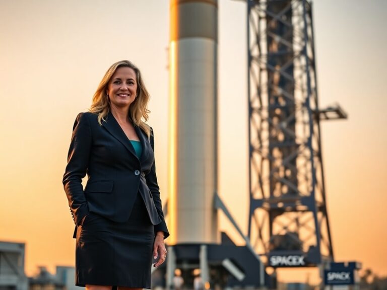 A professional portrait of Gwynne Shotwell in a SpaceX mission control setting, wearing business attire with a NASA-style mis