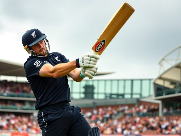 A focused portrait of Kane Williamson in a New Zealand cricket uniform, mid-action during a Test match, with the team logo vi