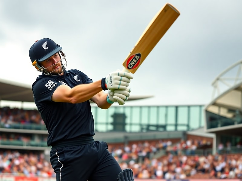 A focused portrait of Kane Williamson in a New Zealand cricket uniform, mid-action during a Test match, with the team logo vi