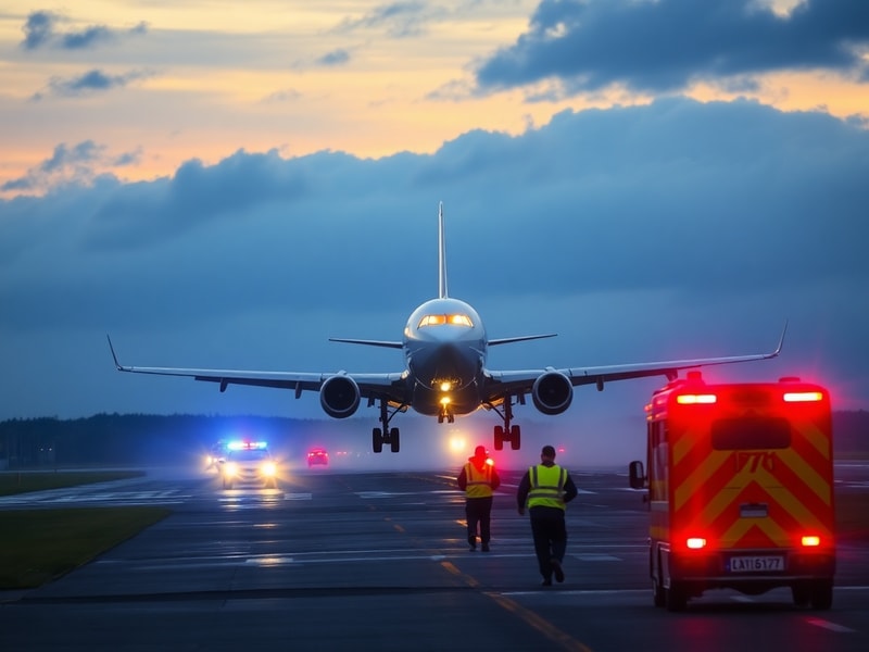 A commercial airliner flying through turbulent storm clouds at dusk, with lightning visible in the background and raindrops s