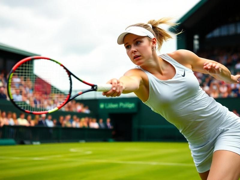 A focused action shot of Harriet Dart mid-serve on Centre Court at Wimbledon, wearing a navy blue Nike outfit, with a blurred