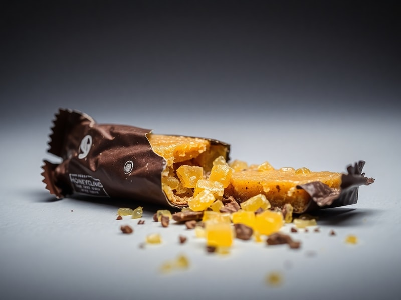 A close-up shot of the Honeycomb Blast Choc Bar with a caution tape overlay, highlighting its crunchy texture and the FSA war
