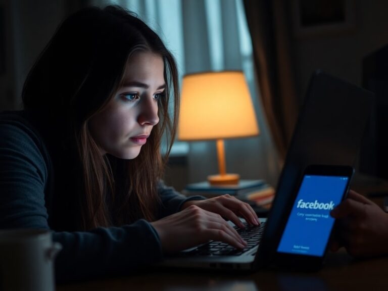 A split-screen image showing a smartphone with a 'Facebook unavailable' error next to a laptop displaying Downdetector’s real