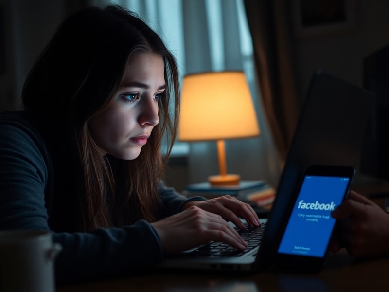 A split-screen image showing a smartphone with a 'Facebook unavailable' error next to a laptop displaying Downdetector’s real