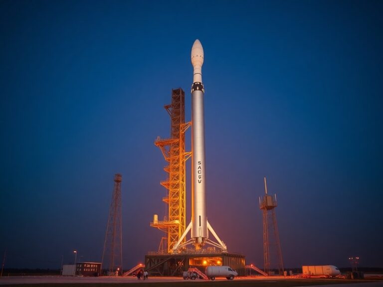 A sleek, futuristic rocket launch at dusk, with the SpaceX logo visible on the booster. The scene includes a coastal launchpa