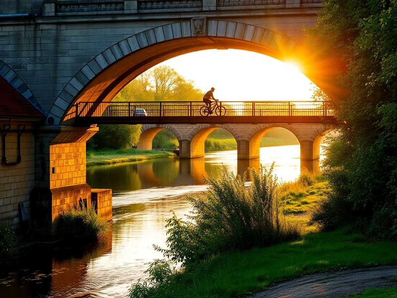 A photograph of Nuneaton Bridge spanning the River Anker at dusk, with warm streetlights reflecting on the water and a few pe