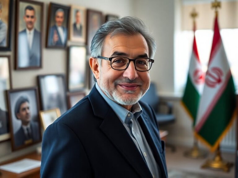 A portrait of Masoud Pezeshkian speaking at a podium, with Iranian flags in the background. The setting is a formal conferenc