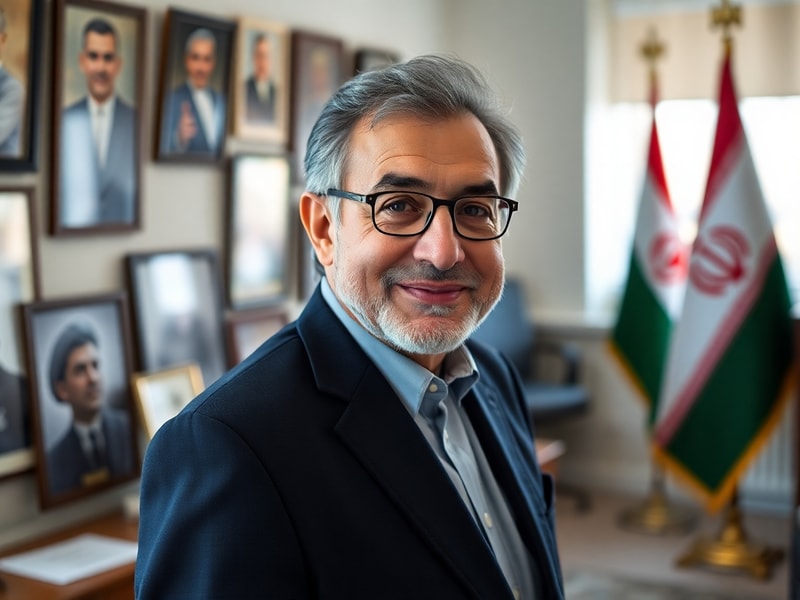 A portrait of Masoud Pezeshkian speaking at a podium, with Iranian flags in the background. The setting is a formal conferenc