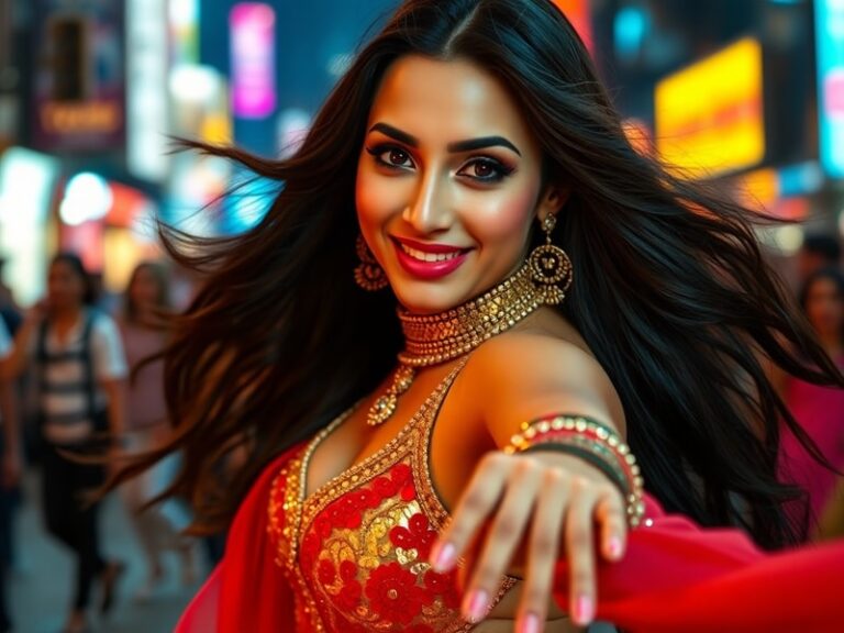 A dynamic image of Nora Fatehi performing on stage, wearing a shimmering gold outfit with intricate embellishments, mid-dance