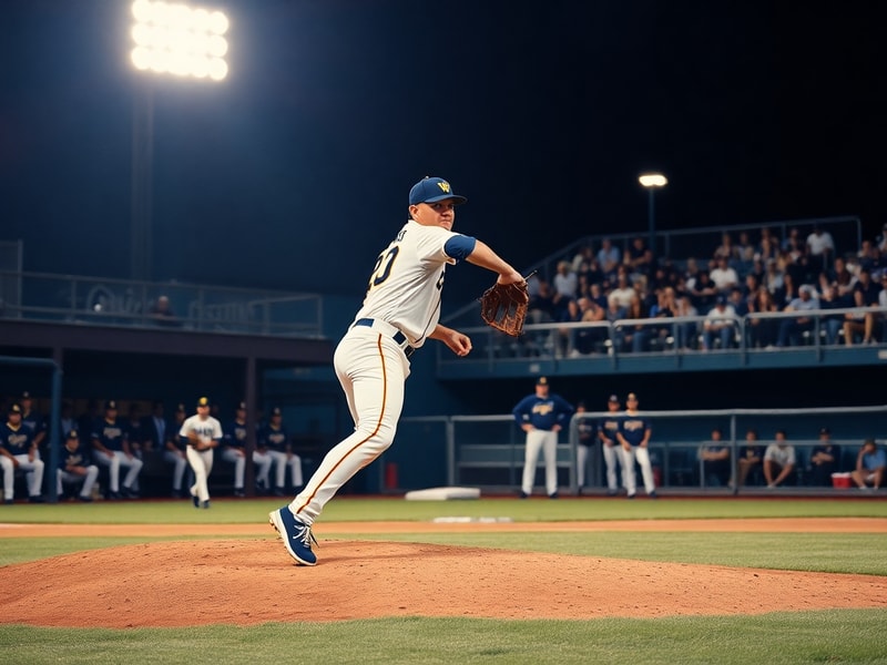 A dynamic action shot of the WVU baseball team in their navy and gold uniforms, playing on their home field at the WVU Baseba