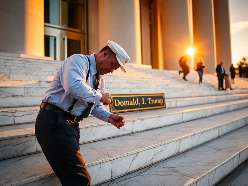 A formal stage setup at the Kennedy Center with an empty plaque where Donald Trump's name once appeared, surrounded by subtle