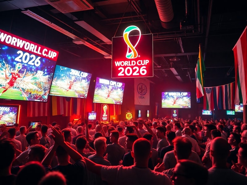 A collage of a soccer stadium filled with fans watching a match on giant screens, with smartphones and tablets displaying liv