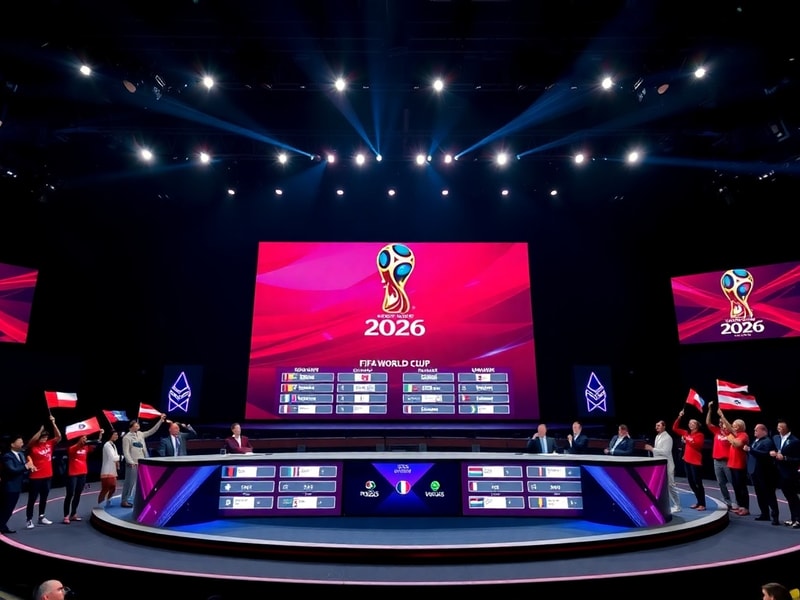 A vibrant stadium filled with fans from diverse backgrounds, showcasing flags and jerseys of multiple nations. The atmosphere