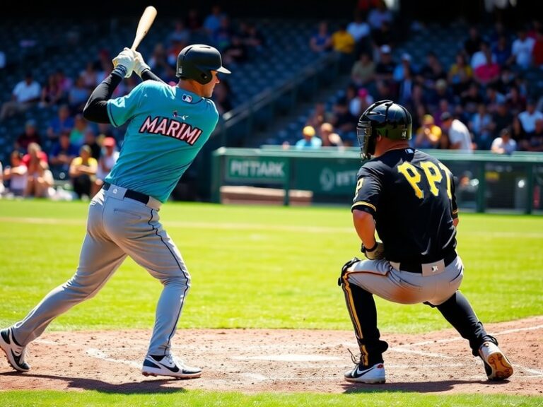 A dynamic action shot of a baseball game between the Miami Marlins and Pittsburgh Pirates, featuring a pitcher in mid-deliver