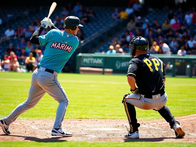 A dynamic action shot of a baseball game between the Miami Marlins and Pittsburgh Pirates, featuring a pitcher in mid-deliver