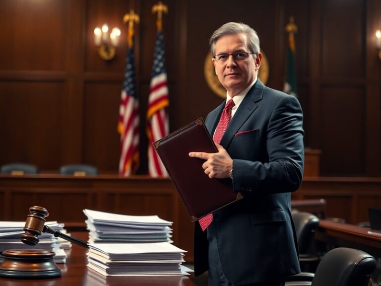 A formal courtroom scene with a U.S. Attorney presenting a case, featuring a wooden judge's bench, American flag, and a prose