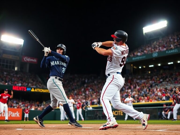 A midseason baseball game between the Seattle Mariners and Washington Nationals. The image features players in action on a su