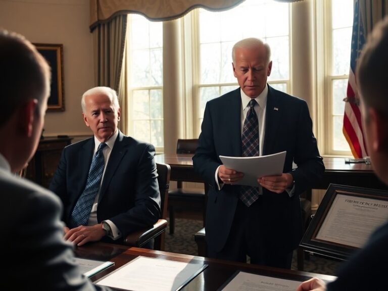 A split-image illustration: on the left, President Joe Biden signing a document, with Hunter Biden in the background; on the