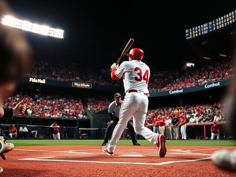 A night game at Citizens Bank Park with Bryce Harper at bat, the Brewers pitcher mid-windup, and fans in red and navy jerseys