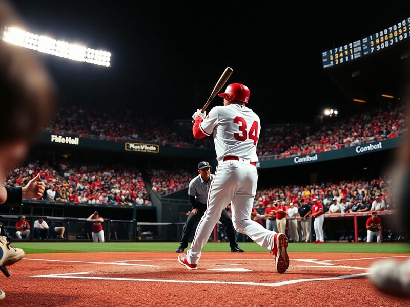 A night game at Citizens Bank Park with Bryce Harper at bat, the Brewers pitcher mid-windup, and fans in red and navy jerseys
