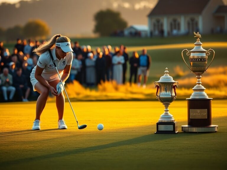 A dynamic shot of the 2023 Curtis Cup on the lush fairways of Royal St. George’s Golf Club, featuring young female golfers in