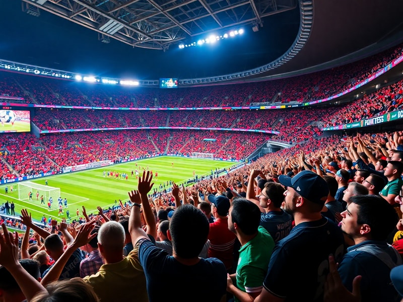 A vibrant outdoor scene showing a large public viewing screen broadcasting a World Cup match in a city square, surrounded by