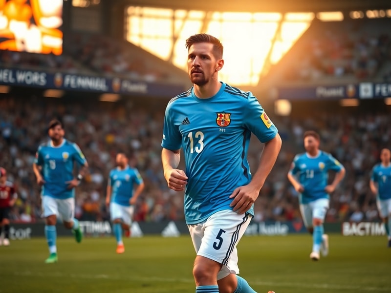 A dynamic action shot of Lionel Messi, mid-dribble on a sunny MLS field, wearing Inter Miami’s black and pink jersey, with fa