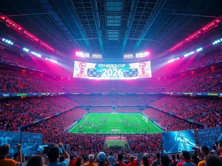 A futuristic stadium filled with diverse fans watching a World Cup match on various devices—smartphones, tablets, and smart T