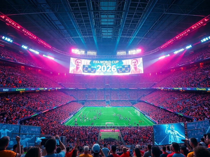 A futuristic stadium filled with diverse fans watching a World Cup match on various devices—smartphones, tablets, and smart T