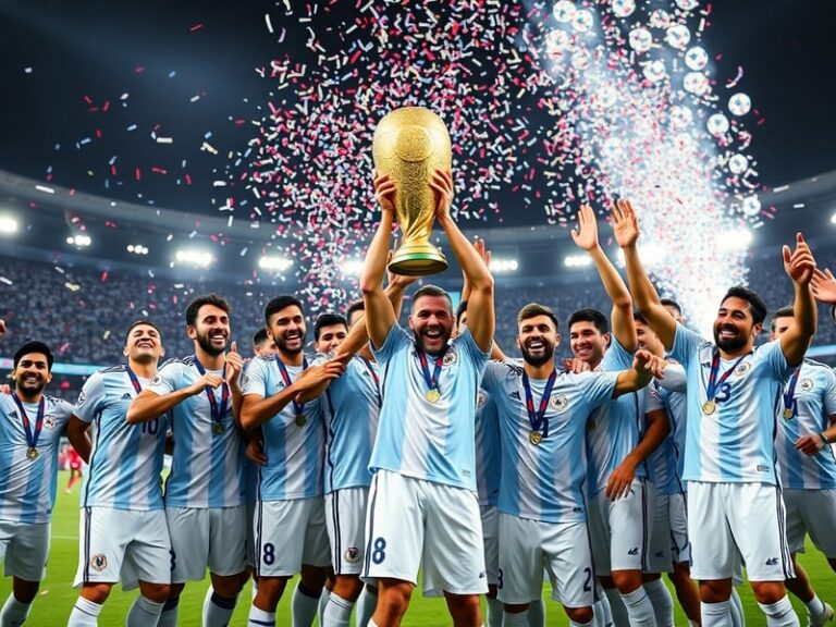 A jubilant Lionel Messi holding the FIFA World Cup trophy on the pitch in Qatar, surrounded by teammates and confetti, with t