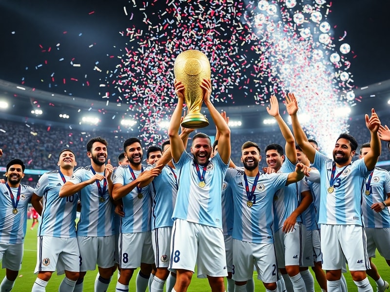 A jubilant Lionel Messi holding the FIFA World Cup trophy on the pitch in Qatar, surrounded by teammates and confetti, with t