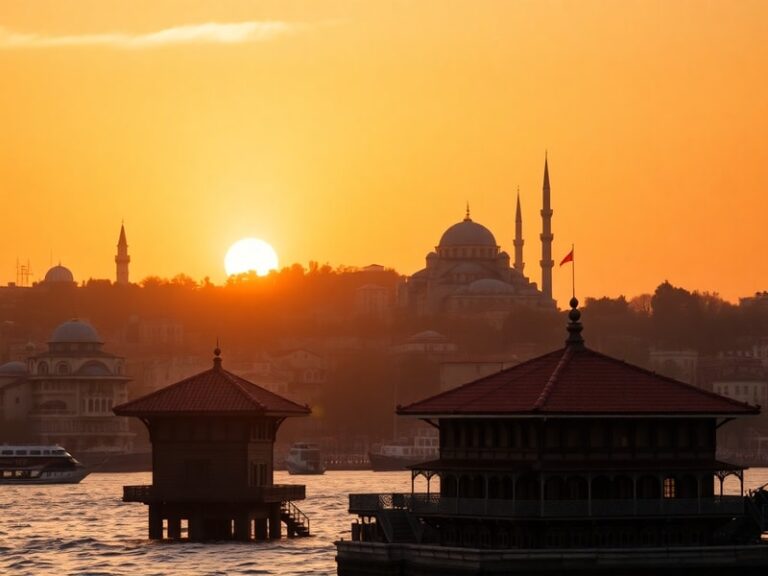 A panoramic view of Istanbul's skyline featuring the Hagia Sophia and modern skyscrapers, with the Bosphorus Strait flowing b