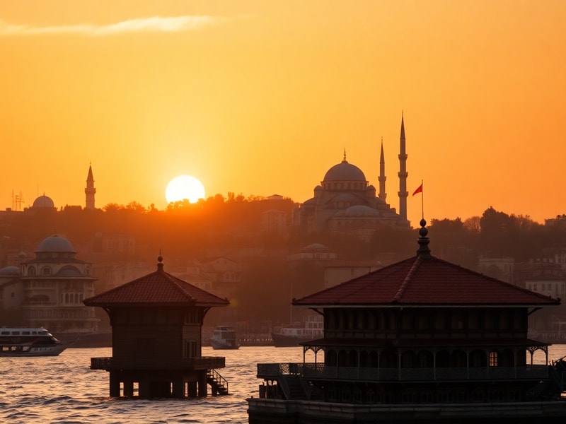 A panoramic view of Istanbul's skyline featuring the Hagia Sophia and modern skyscrapers, with the Bosphorus Strait flowing b