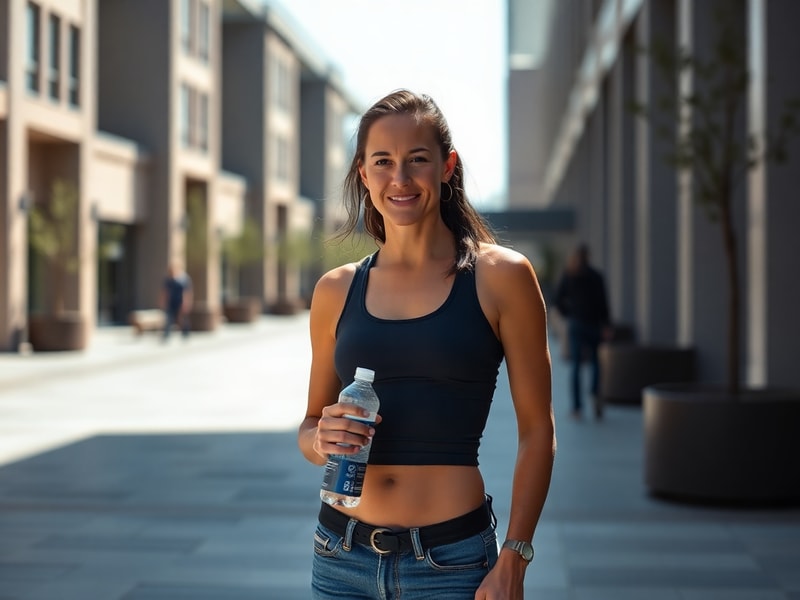 A professional photo of Carli Lloyd in a casual, loose-fitting outfit, standing outdoors with a warm smile. The image has a s
